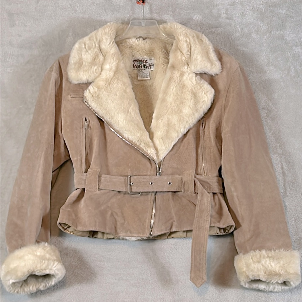 Explorations Suede Leather Faux Fur Collar & Cuffs jacket, size medium